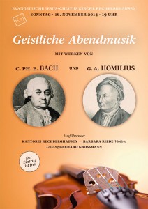 Plakat zu: Geistliche Abendmusik, C. PH. E. Bach und G. A. Homilius, 2014